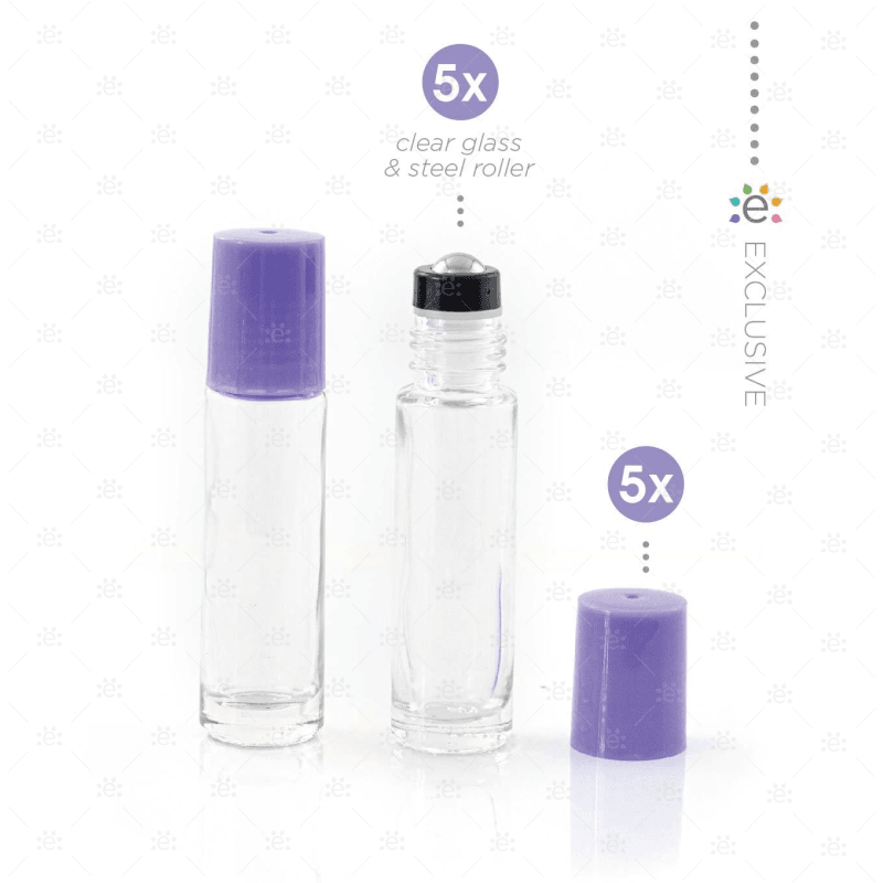 10Ml Clear Glass Roller Bottle With Amethyst (Purple) Lid & Premium Stainless Steel Rollerball - 5