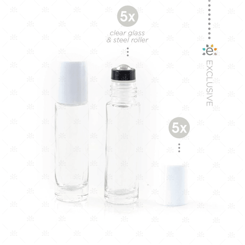 10Ml Clear Glass Roller Bottle With Snow (White) Lid & Premium Stainless Steel Rollerball - 5 Pack