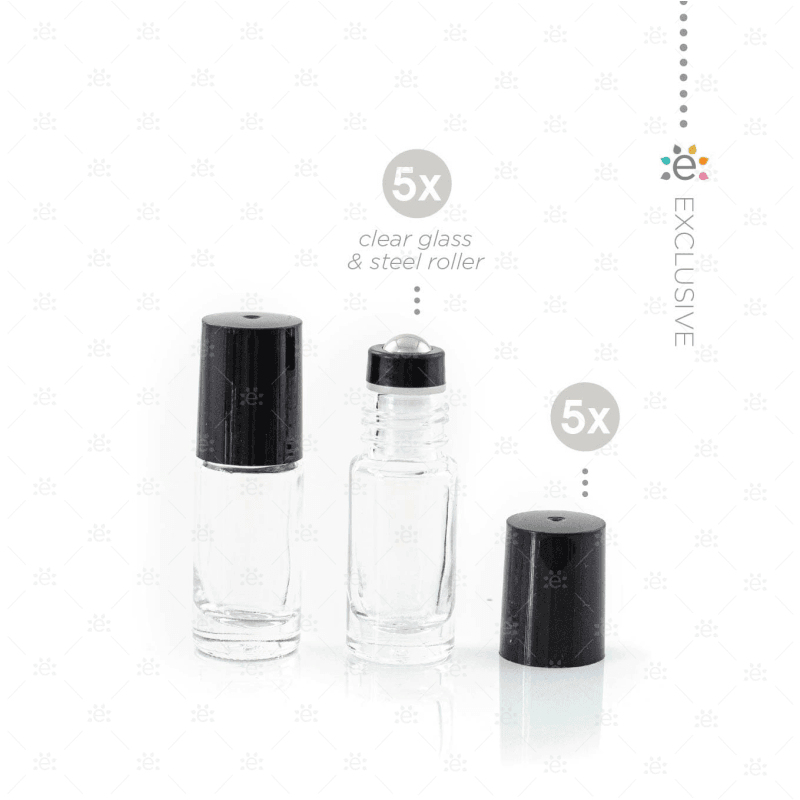 5Ml Clear Glass Roller Bottle With Midnight (Black) Lid & Premium Stainless Steel Rollerball - 5