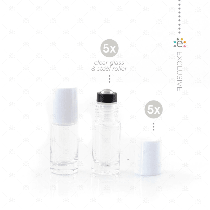 5Ml Clear Glass Roller Bottle With Snow (White) Lid & Premium Stainless Steel Rollerball - 5 Pack