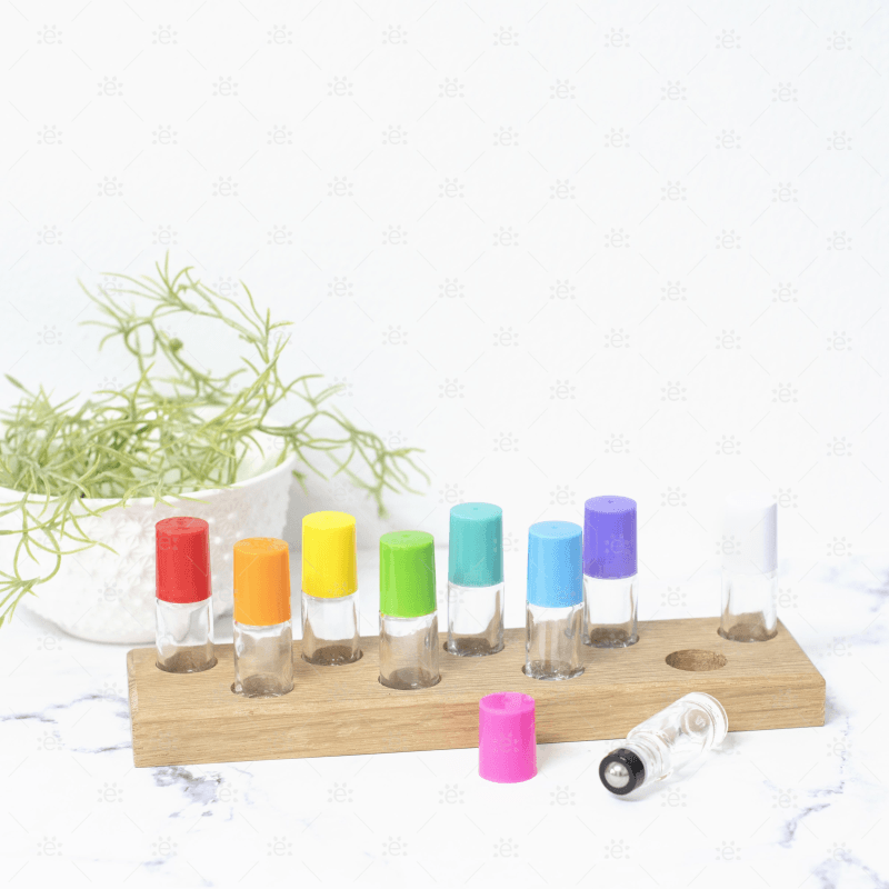 5Ml Clear Roller Bottles With Eos Signature Multi-Coloured Plastic Caps In A Travel Case (Set Of 9