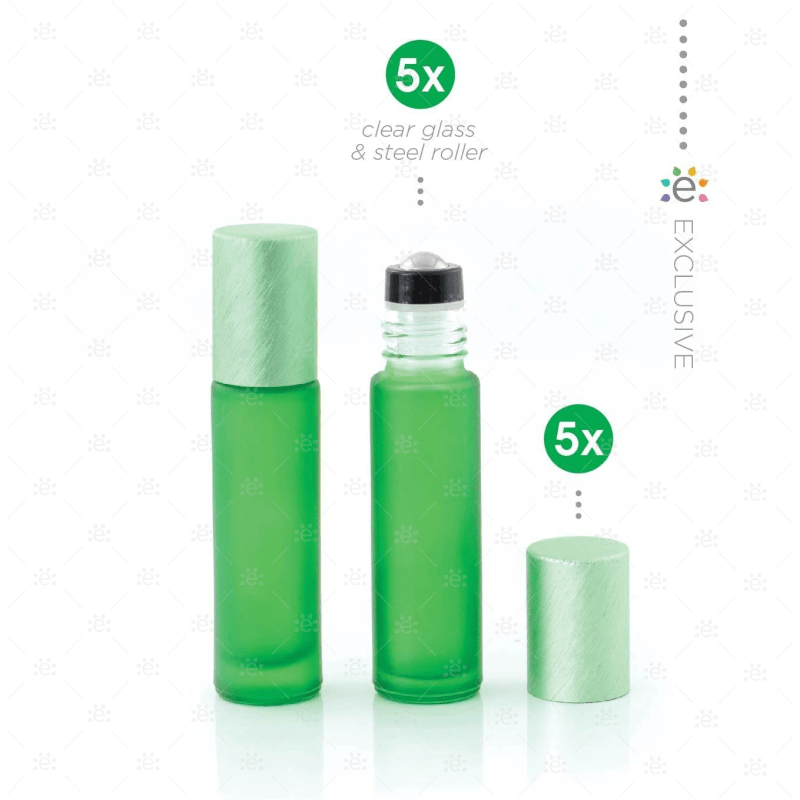 Deluxe Frosted 10Ml Green Roller Bottles With Metallic Caps & Premium Rollers (5 Pack) Glass Roller