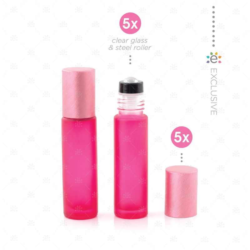 Deluxe Frosted 10Ml Pink Roller Bottles With Metallic Caps & Premium Rollers (5 Pack) Glass Bottle