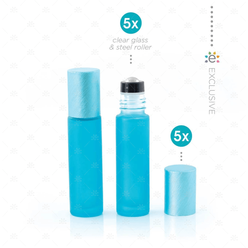 Deluxe Frosted 10Ml Teal Roller Bottles With Metallic Caps & Premium Rollers (5 Pack) Glass Roller