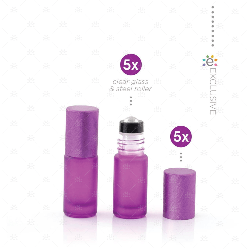 Deluxe Frosted 5Ml Purple Roller Bottles With Metallic Caps & Premium Rollers (5 Pack) Glass Bottle