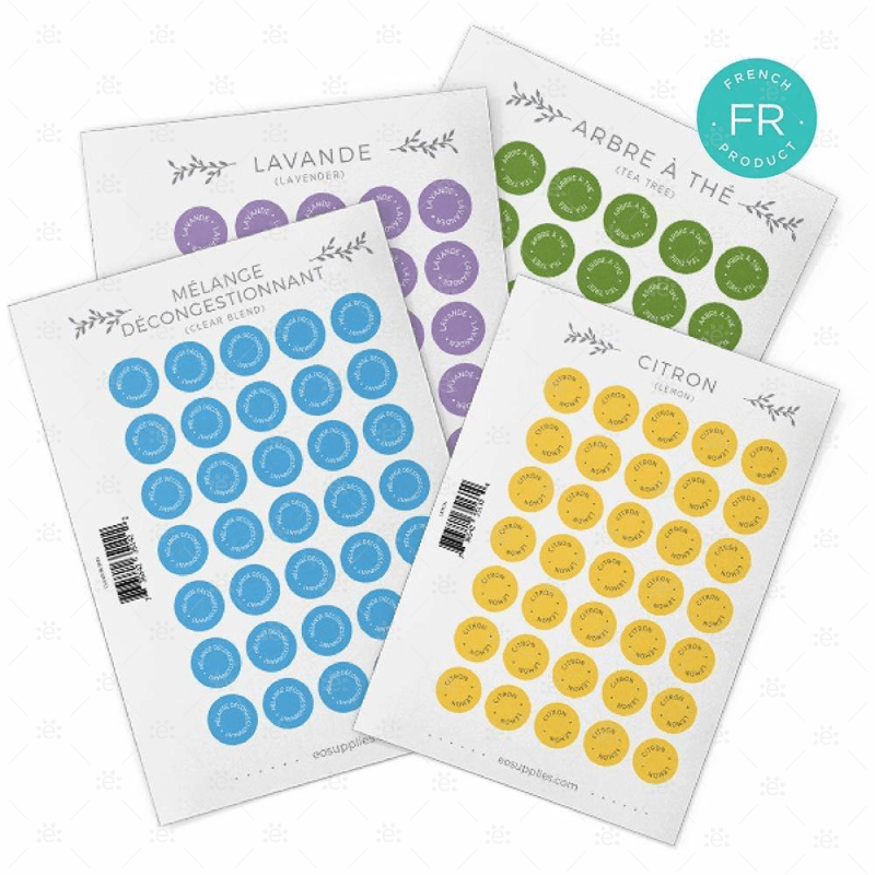 French - Bottle Cap Stickers:  Replacement Sheets (Single & Doterra Trademark Blends) 35 Per Sheet